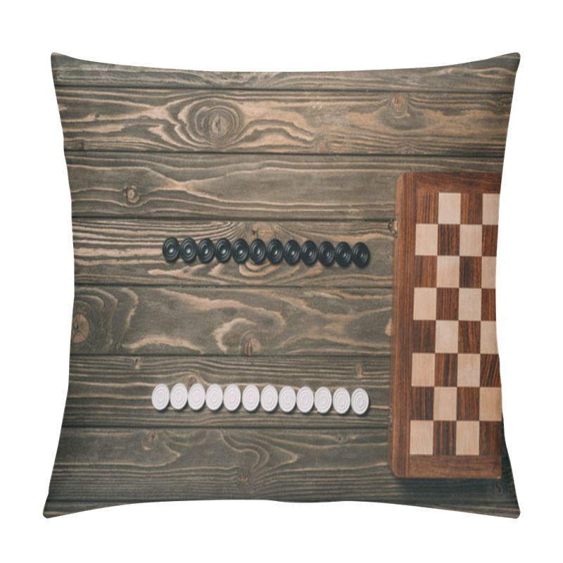 Personality  Top View Of White And Black Checkers In Rows By Checkerboard On Wooden Background Pillow Covers