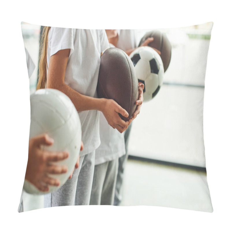 Personality  Cropped View Of Little Children In Sportswear Holding Different Kinds Of Balls, Child Sport Pillow Covers