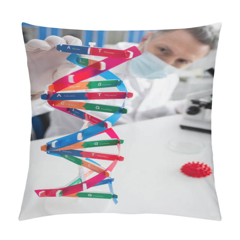 Personality  Selective Focus Of Dna Model Near Geneticist In Medical Mask On Blurred Background Pillow Covers