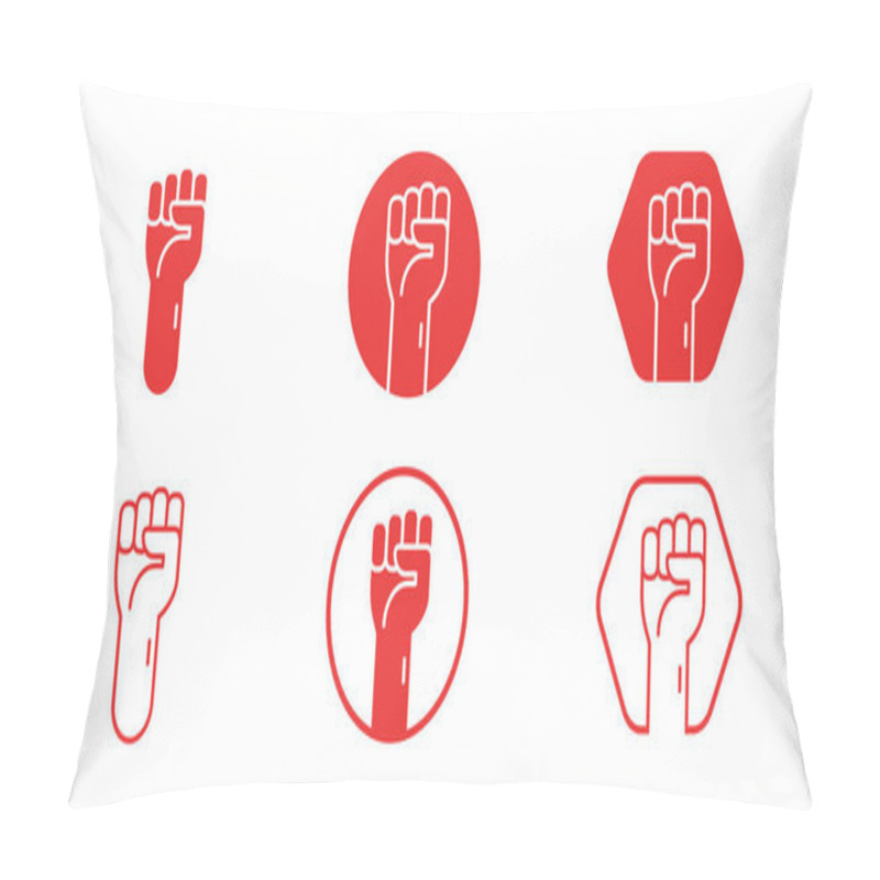 Personality  Raised Fists, Hands Up. Symbol Of Unity, Revolution, Protest, Cooperation, Power. Red Color Icons And Logo. Cute Simple Cartoon Design. Flat Style Vector Illustration. Pillow Covers