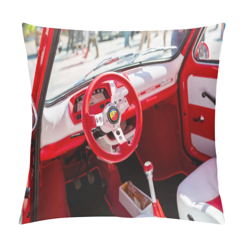 Personality  Bibbiano-Reggio Emilia Italy - 07 15 2015 : Free Rally Of Vintage Cars In The Town Square Fiat 500 Abarth Interior. High Quality Photo Pillow Covers