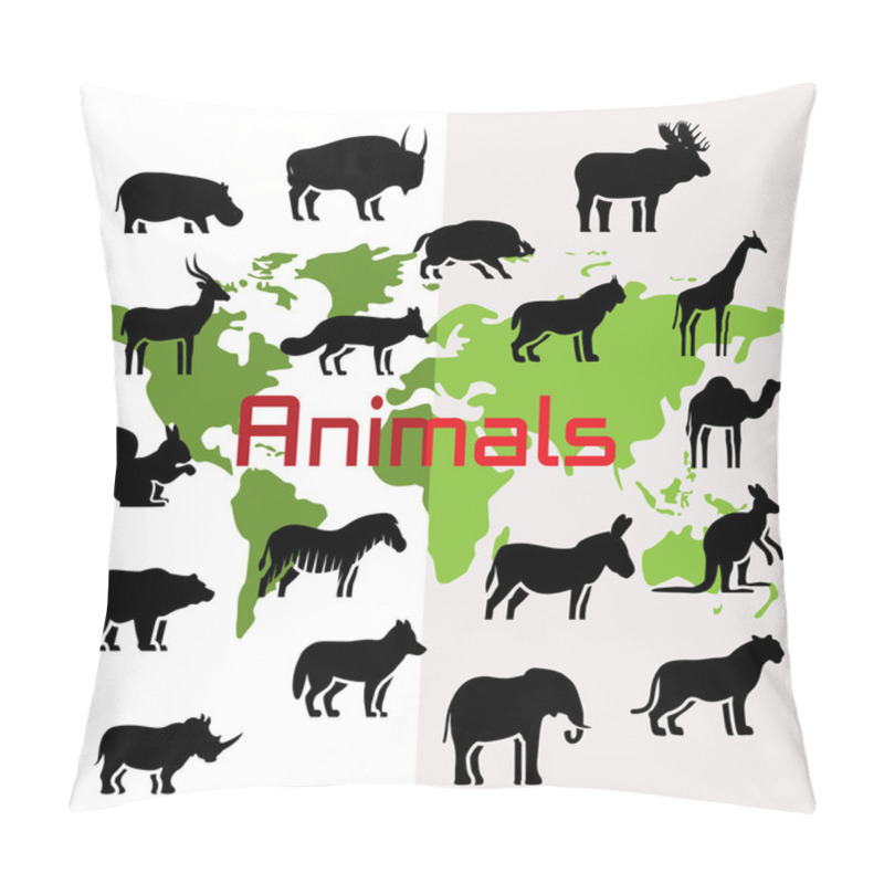 Personality  Vector Animals Silhouettes On World Map, Flat Style Pillow Covers