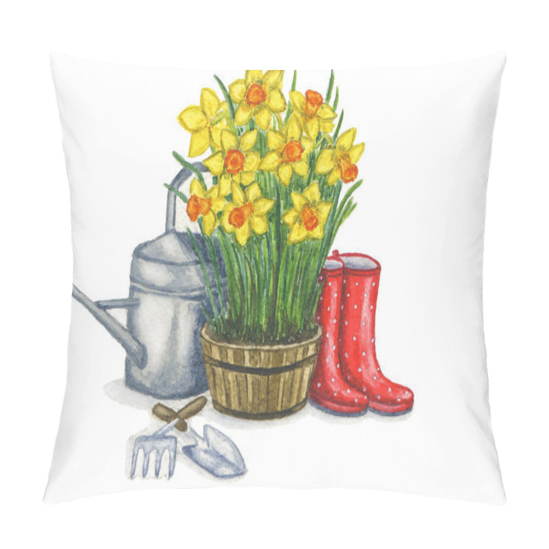 Personality  Spring Composition Consisting Of A Tub With Yellow Daffodils, Red Polka-dot Gumboots, A Metal Garden Watering Can And Garden Tools Pillow Covers