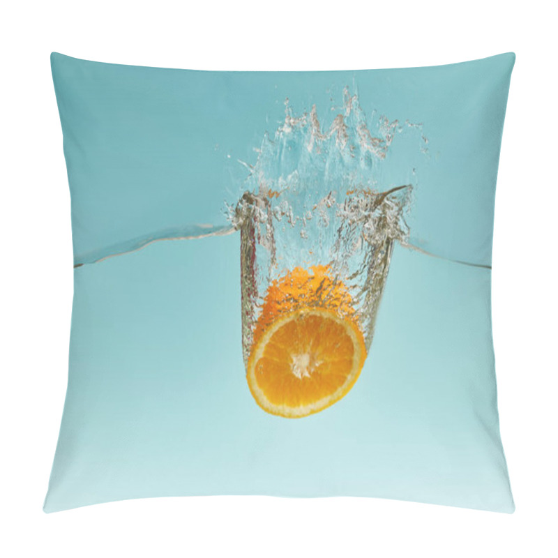 Personality  Ripe Orange Half Falling In Water With Splash On Blue Background Pillow Covers