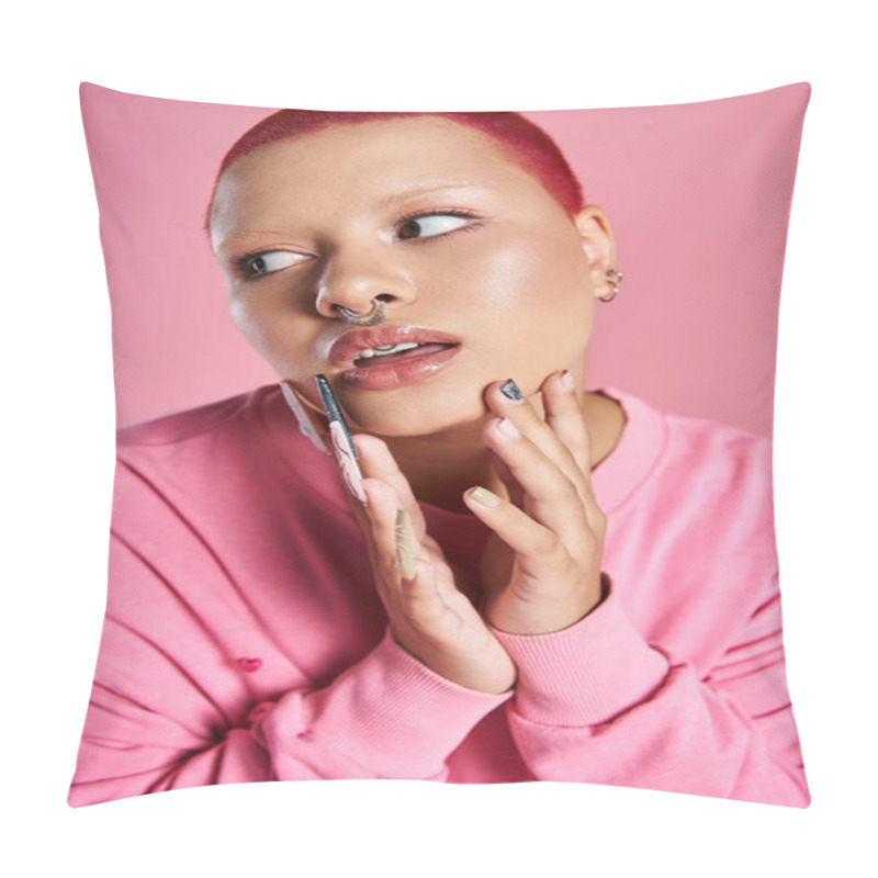 Personality  A Confident Young Woman With Striking Pink Hair Showcases Her Unique Fashion Sense Against A Colorful Background. Pillow Covers