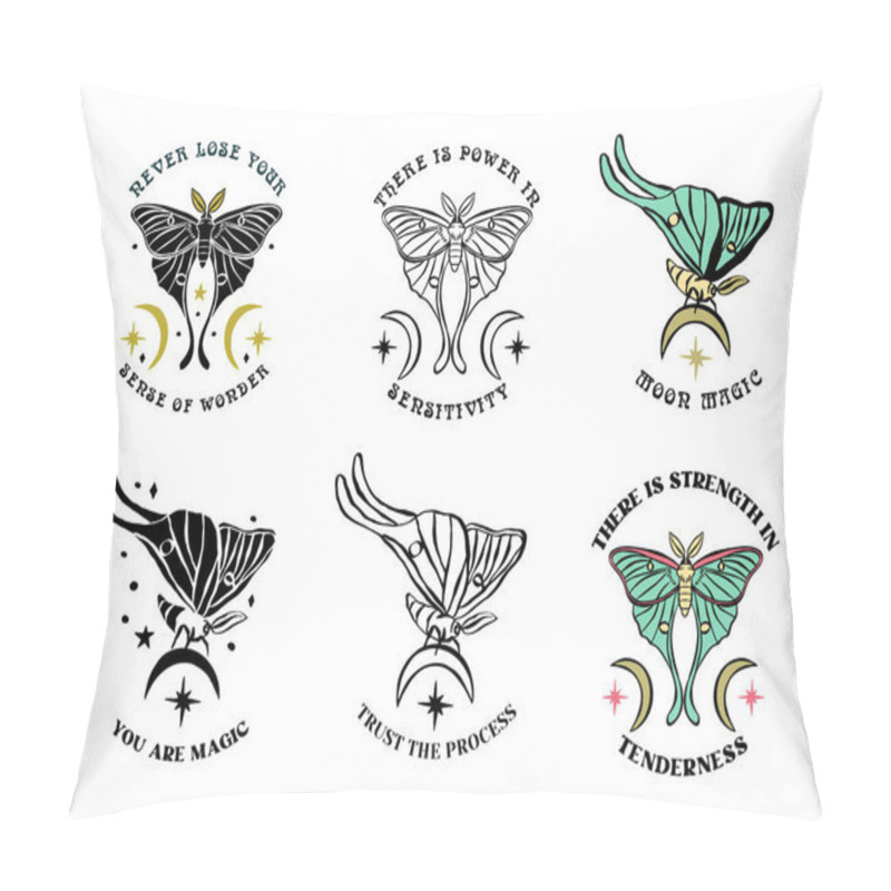 Personality  Luna Moth Hand Drawn Illustrations Set With Inspirational Quotes. Celestial Butterfly Designs With Motivational Sayings. Pillow Covers