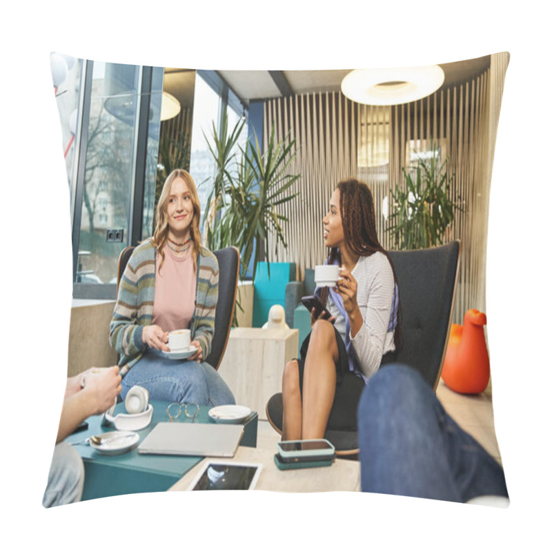 Personality  A Diverse Group Of Colleagues From A Startup Team Engage In A Lively Discussion Around A Table In A Modern Co-working Space. Pillow Covers