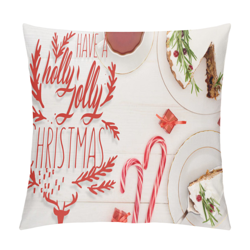 Personality  Top View Of Christmas Pie On White Wooden Table With Cup Of Tea, Candy Canes And Little Gifts With Have A Holly Jolly Christmas Lettering Pillow Covers