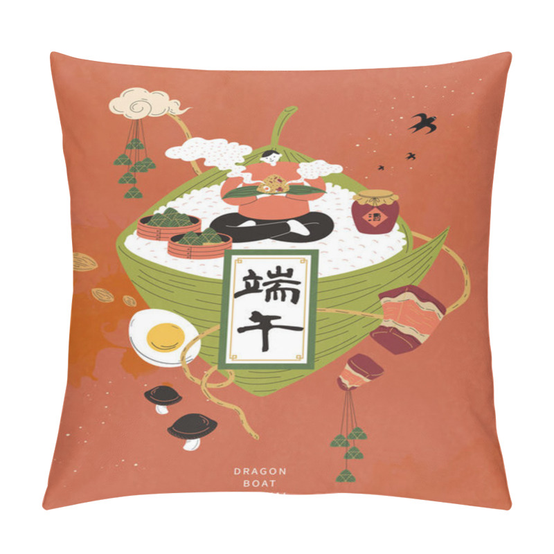 Personality  Miniature Boy Sitting On Giant Zongzi And Enjoying His Food, Dragon Boat Festival And Wine Written In Chinese Calligraphy Pillow Covers