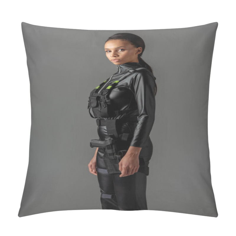 Personality  Young Attractive Futuristic African American Woman Isolated On Grey Pillow Covers