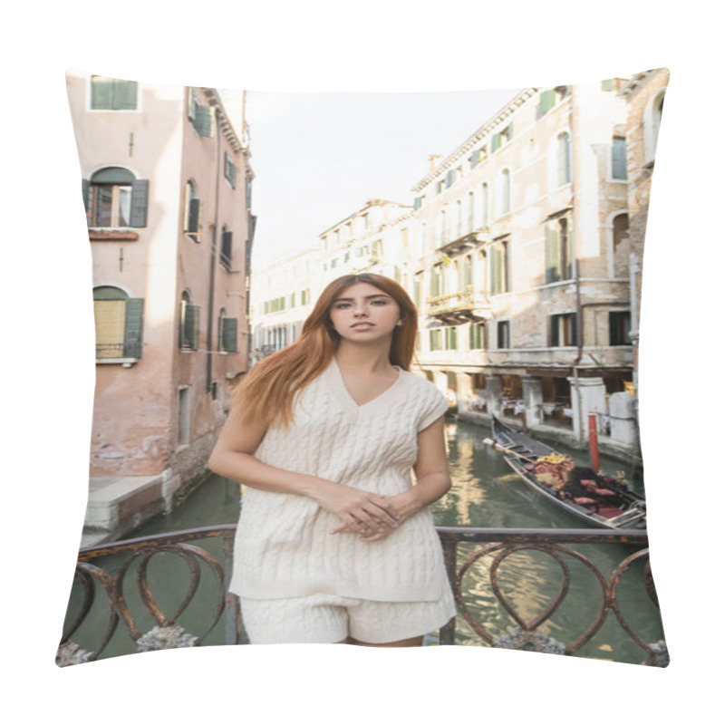 Personality  Woman In Sleeveless Jumper Looking At Camera Near Fence Over Venetian Canal Pillow Covers