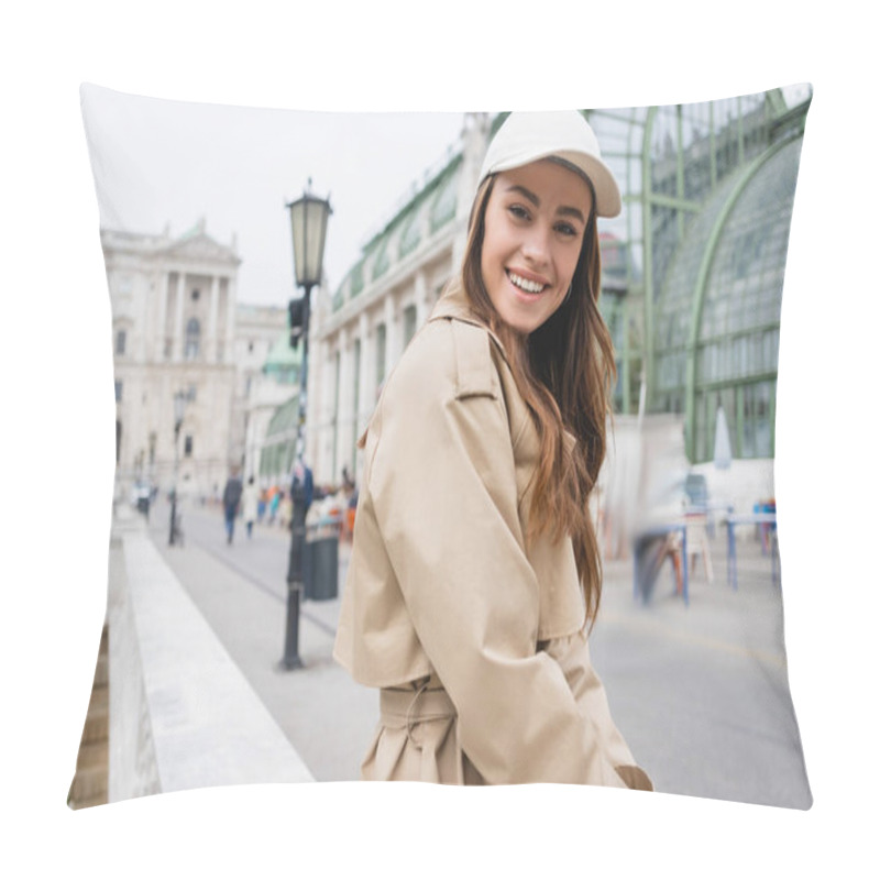 Personality  Happy Young Woman In Stylish Trench Coat And Baseball Cap  Pillow Covers