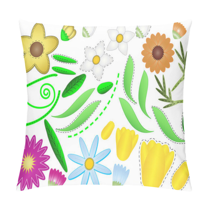 Personality  Vector Eps8 Various Simple Flowers, Buds And Leaves  With Quilting Stitches That You Can Assemble Any Way You Want. Pillow Covers