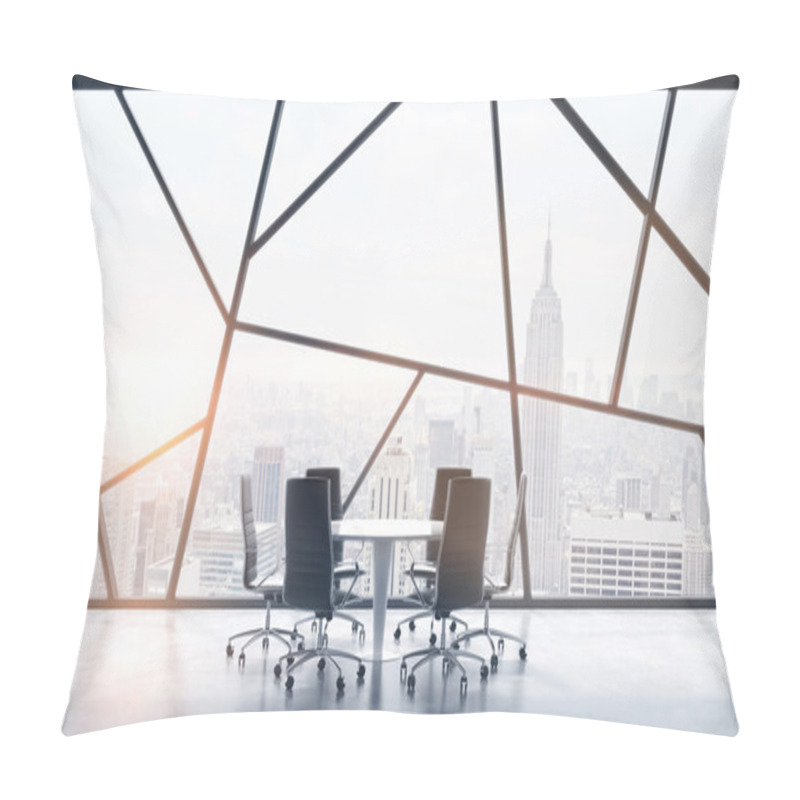 Personality  A Meeting Room In A Bright Contemporary Panoramic Office Space With New York City View. The Concept Of Highly Professional Financial Or Legal Services. 3D Rendering. Toned Image. Pillow Covers