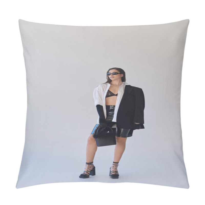 Personality  Cool Style, Studio Photography, Young Asian Woman In Stylish Look And Sunglasses Posing With Feathered Handbag On Grey Background, Blazer And Latex Shorts, Youthful Fashion, Full Length  Pillow Covers