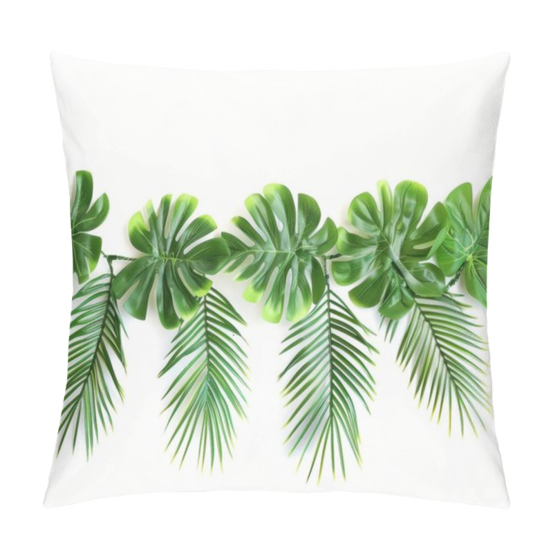 Personality  Vibrant Green Tropical Leaves Arranged Against A Clean White Background. Pillow Covers