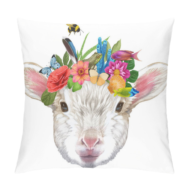 Personality   Hand-drawn Illustration Of Lamb With Flower Wreath Pillow Covers