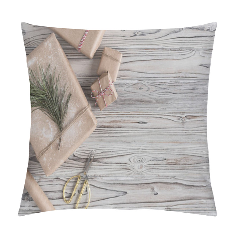 Personality  Handmade Gifts Made From Craft Paper Christmas Rope And Tree On The Rustic Wood Planks Background. DIY. Pillow Covers