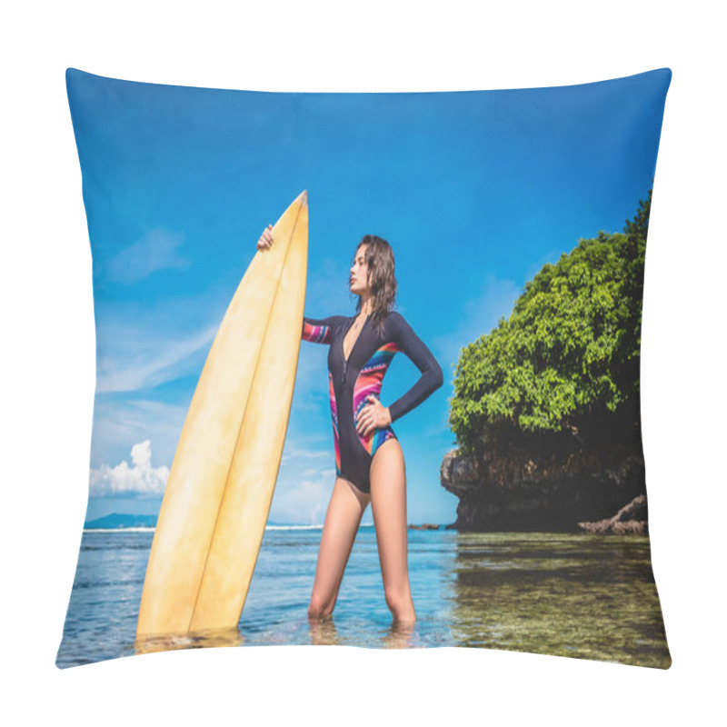 Personality  Attractive Young Woman In Wetsuit With Surfboard Posing In Ocean At Nusa Dua Beach, Bali, Indonesia Pillow Covers