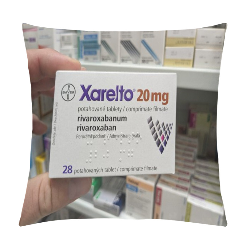 Personality  Prague, Czech Republic-August 15 2024: XARELTO Box Of Tablets With RIVAROXABAN Active Substance, Used For The Prevention And Treatment Of Blood Clots And Stroke. Pillow Covers