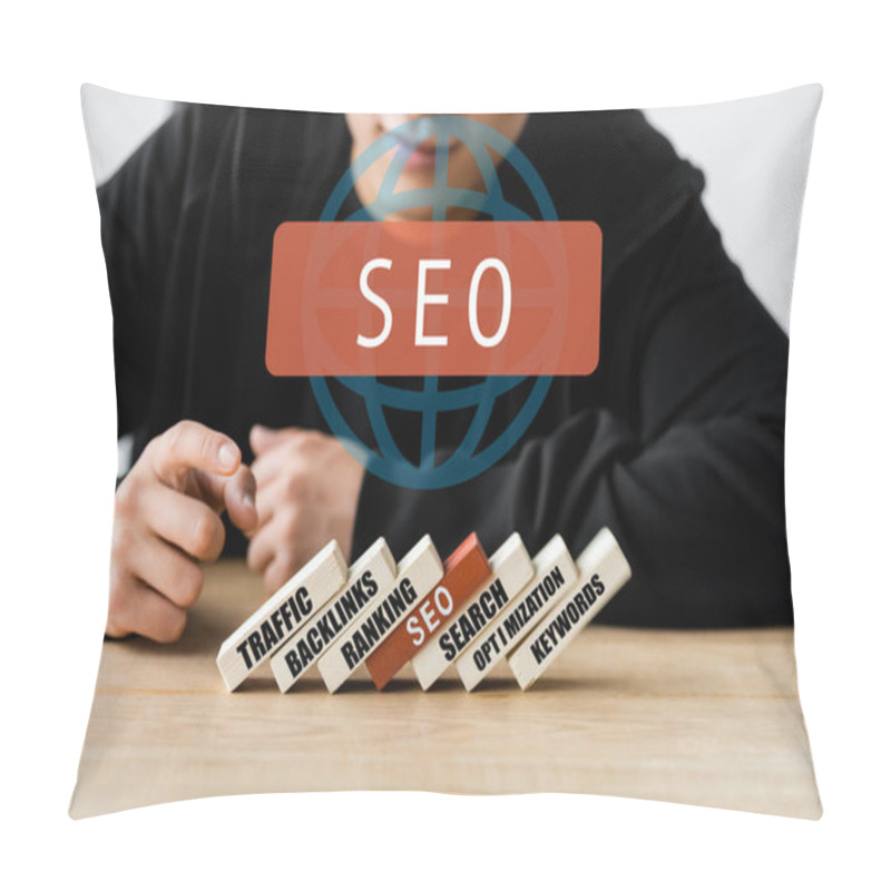 Personality  Cropped View Of Seo Manager Pointing With Finger And Sitting Near Wooden Rectangles With Illustration Of Concept Words Of Seo  Pillow Covers