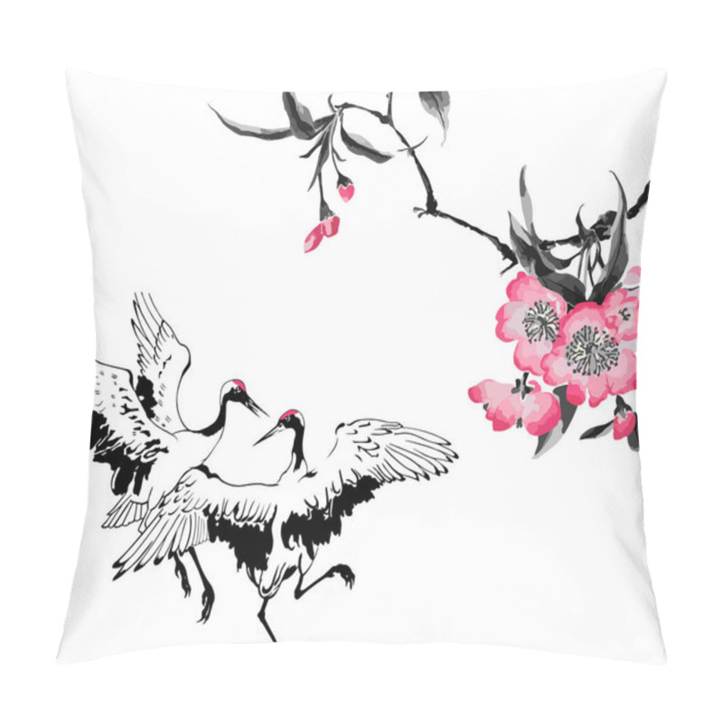 Personality   Flowers Cherry Blossom And Two Dancing Cranes Pillow Covers