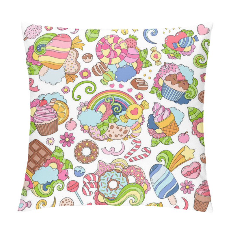 Personality  Doodle Hand Drawn Vector Illustration, Abstract Background, Texture, Pattern, Wallpaper, Backdrop. Collection Of Color, Bright Sweets, Desserts, Pastries, Ice Cream, Candy Elements Set. Patch, Badge Pillow Covers