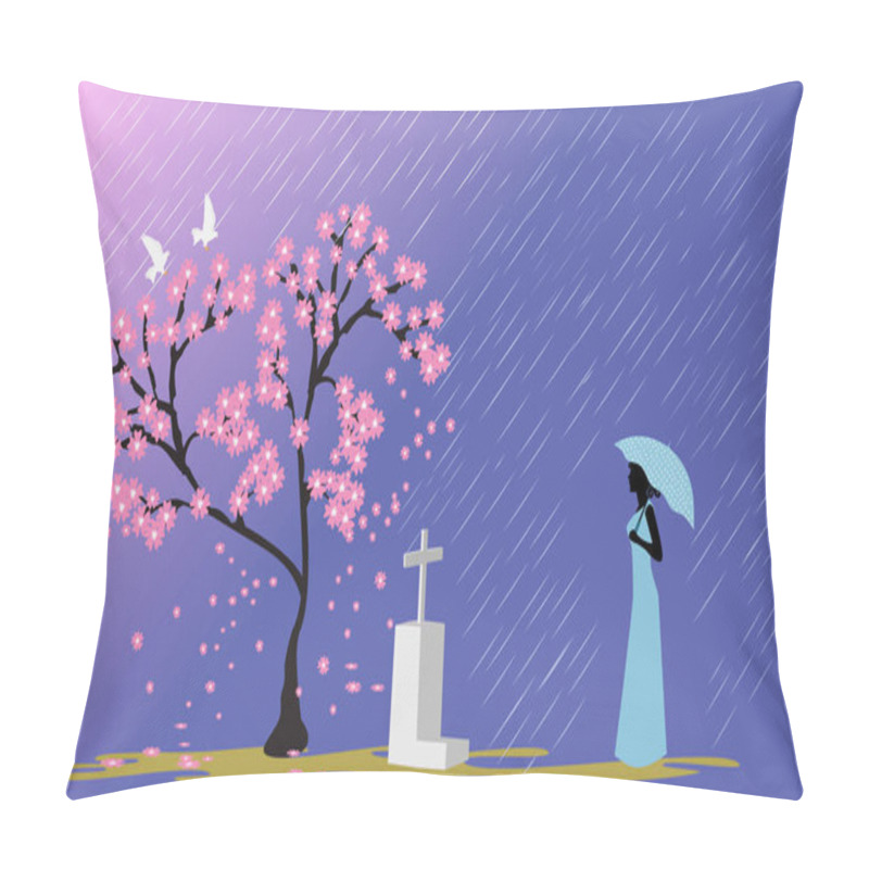 Personality  A Woman In A Blue Skirt Holding An Umbrella Standing In Front Of A Lover's Grave Under The Pink Cherry Blossoms With Rain And Blue As The Background Pillow Covers