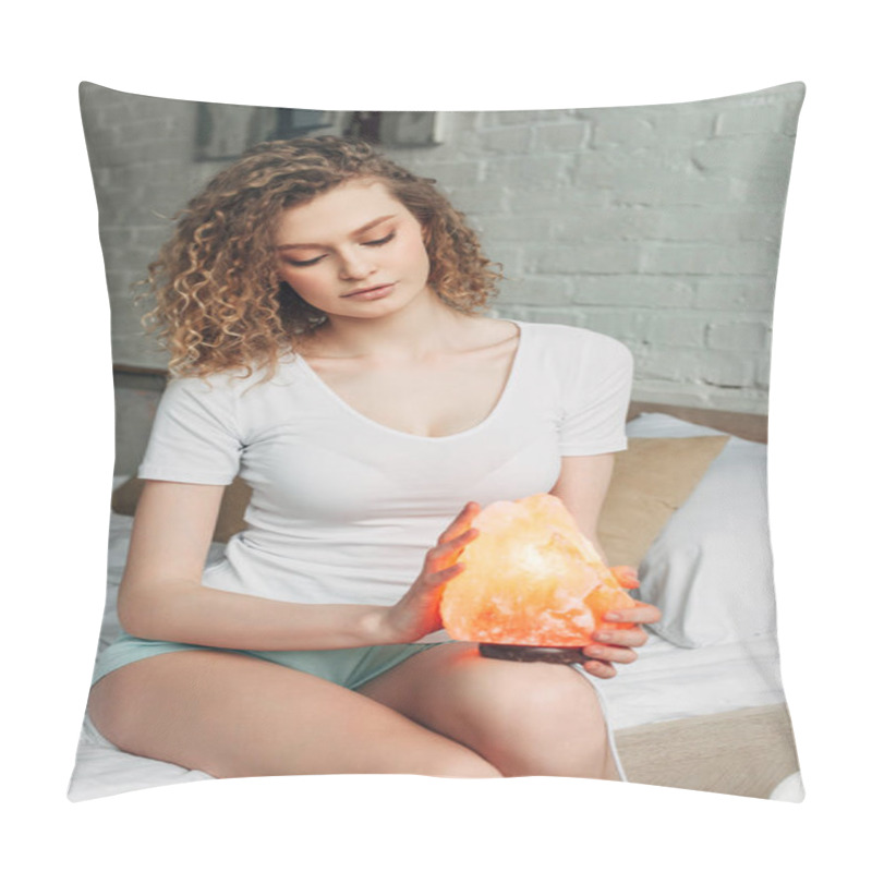 Personality  Attractive Curly Girl In Homewear Holding Himalayan Salt Lamp In Bedroom Pillow Covers