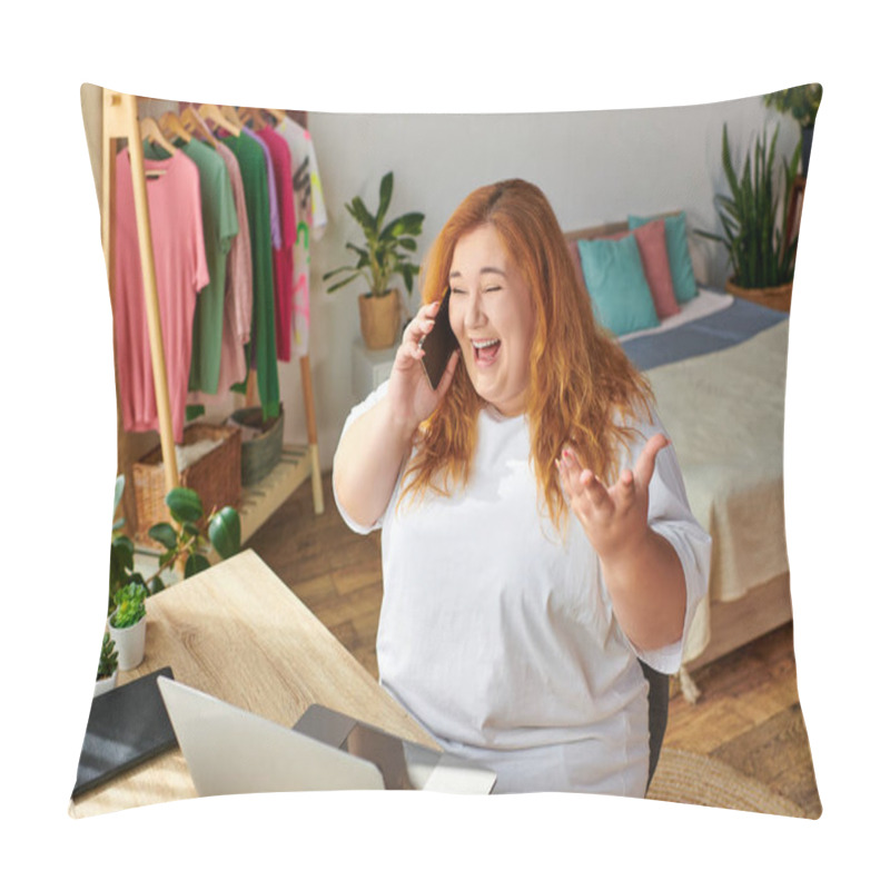 Personality  A Plus Size Woman Is Joyfully Chatting On Her Phone In A Warm, Inviting Space Full Of Greenery. Pillow Covers