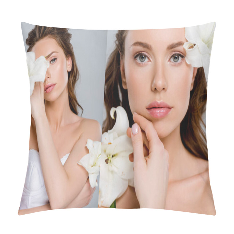 Personality  Collage Of Beautiful Girl Touching Face Near White Flowers Isolated On Grey  Pillow Covers