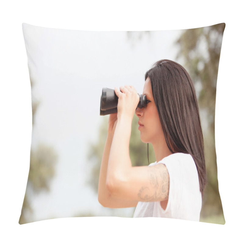 Personality  Brunette Woman Looking Through Binoculars Pillow Covers