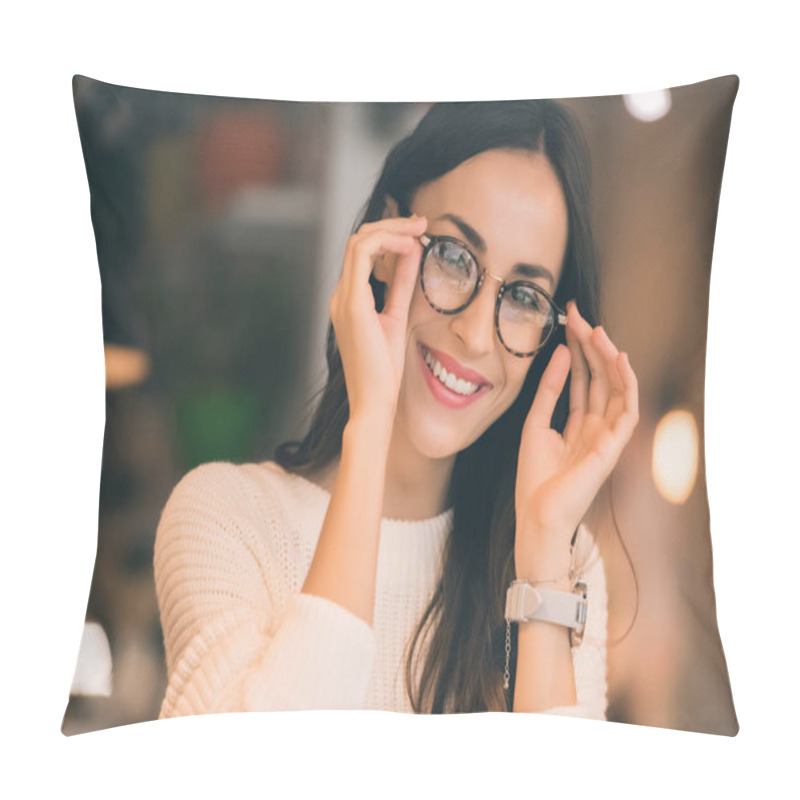 Personality  Portrait Of Happy Attractive Woman Taking Off Eyeglasses In Cafe  Pillow Covers