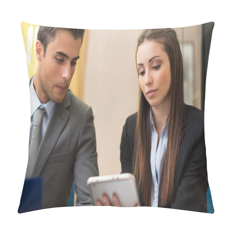 Personality  Business People Examining Data On Tablet Pillow Covers