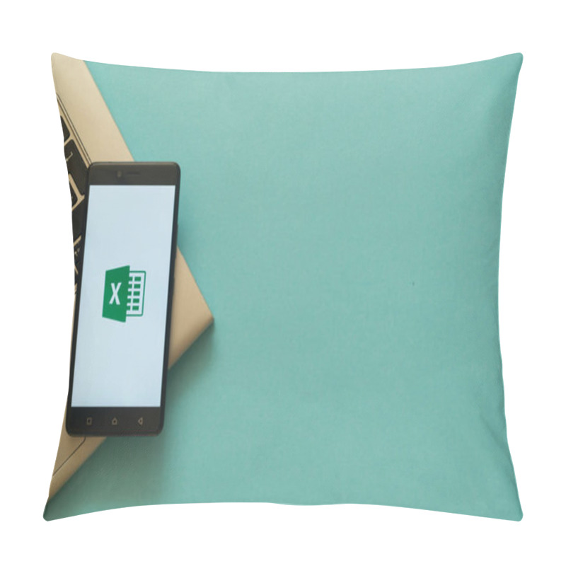 Personality  Microsoft Office Excel Logo On Smartphone Placed On Laptop Keyboard. Pillow Covers