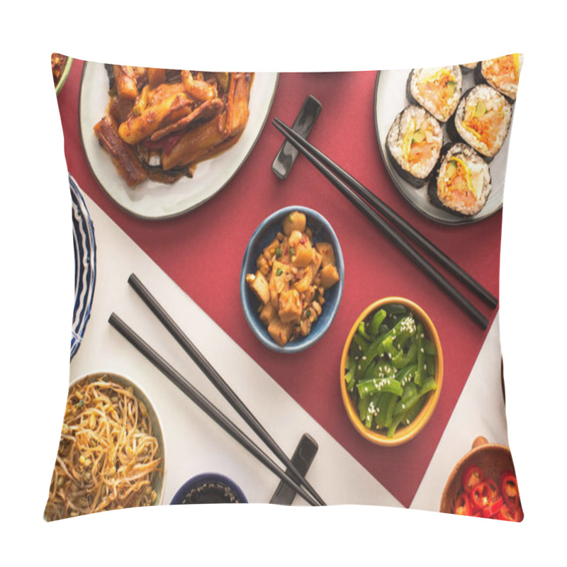 Personality  Top View Of Chopsticks Near Korean Topokki And Traditional Side Dishes On White And Crimson  Pillow Covers