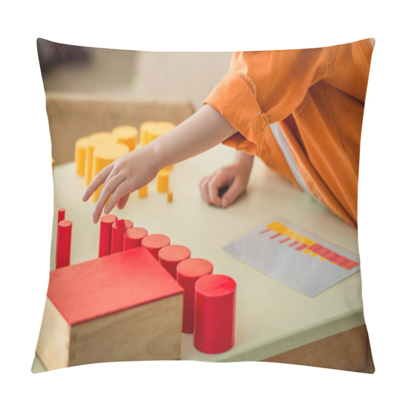 Personality  Cropped View Of Boy Playing With Red And Yellow Cylinders In Montessori School Pillow Covers