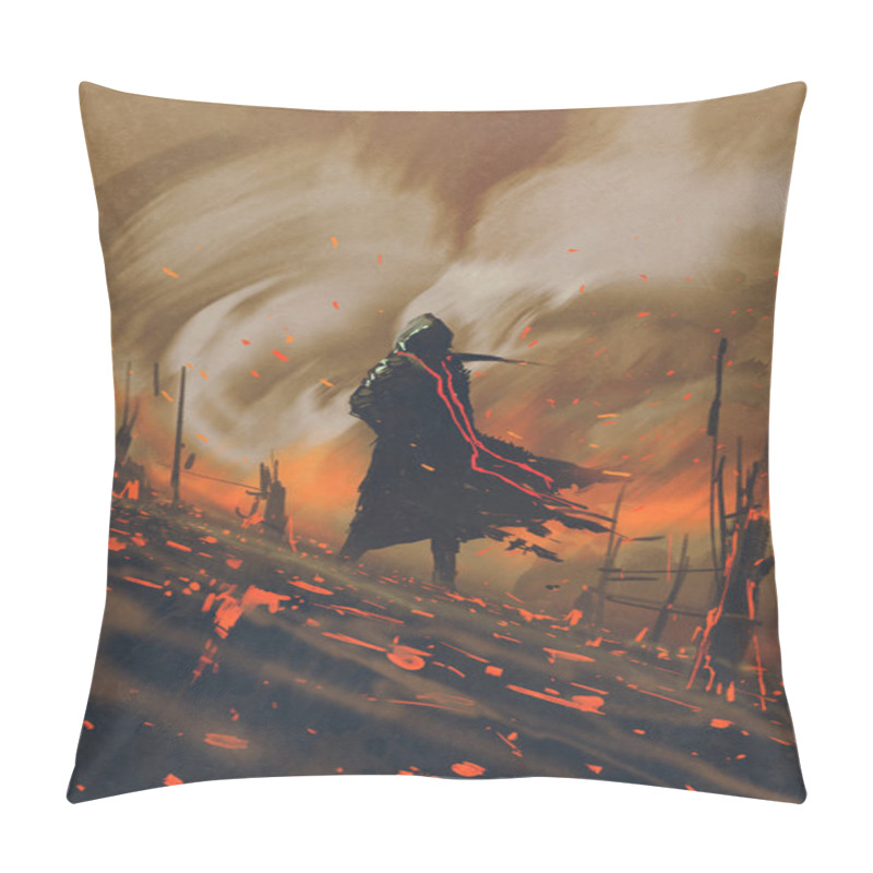 Personality  Man In Black Cloak Standing Against Burning Forest Pillow Covers