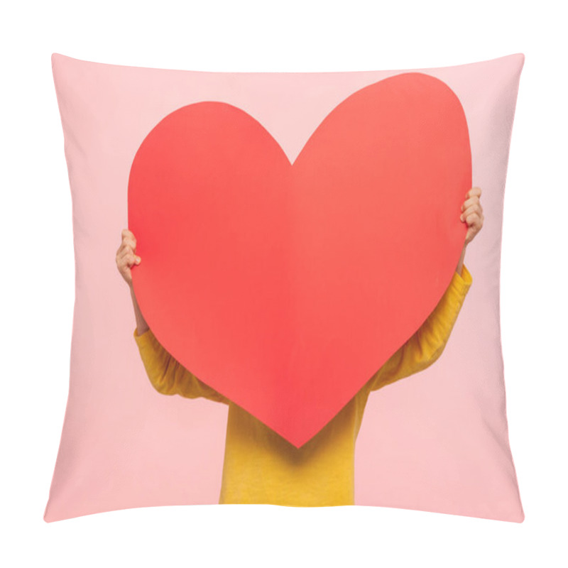 Personality  Unrecognizable Person Hiding Behind Large Red Paper Heart, Holding Symbol Of Love Affection Fondness, Anonymous Charity And Care Concept, Cardiac Health. Indoor Studio Shot Isolated On Pink Background Pillow Covers