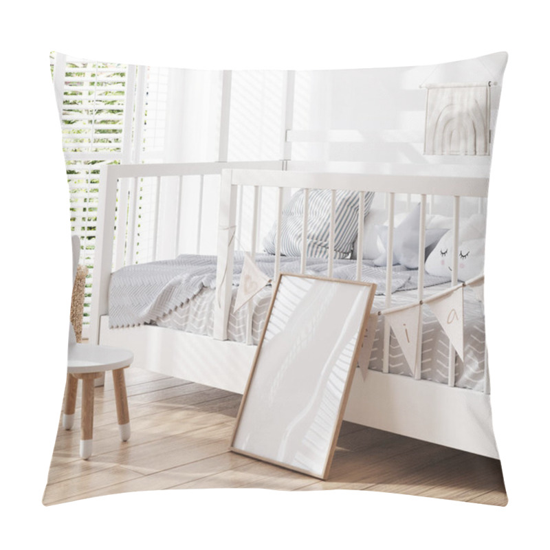 Personality  Mock Up Poster Frame In White Cozy Children Room Interior Background, 3D Render Pillow Covers