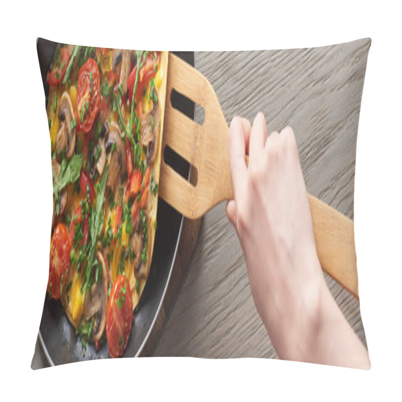 Personality  Cropped View Of Woman Cooking Tasty Omelet With Tomatoes And Greens On Frying Pan With Wooden Shovel Pillow Covers