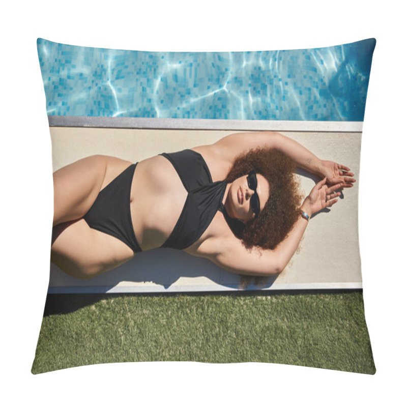 Personality  A Woman With Curly Hair Relaxes By The Pool In A Black Swimsuit, Enjoying The Summer Sun. Pillow Covers