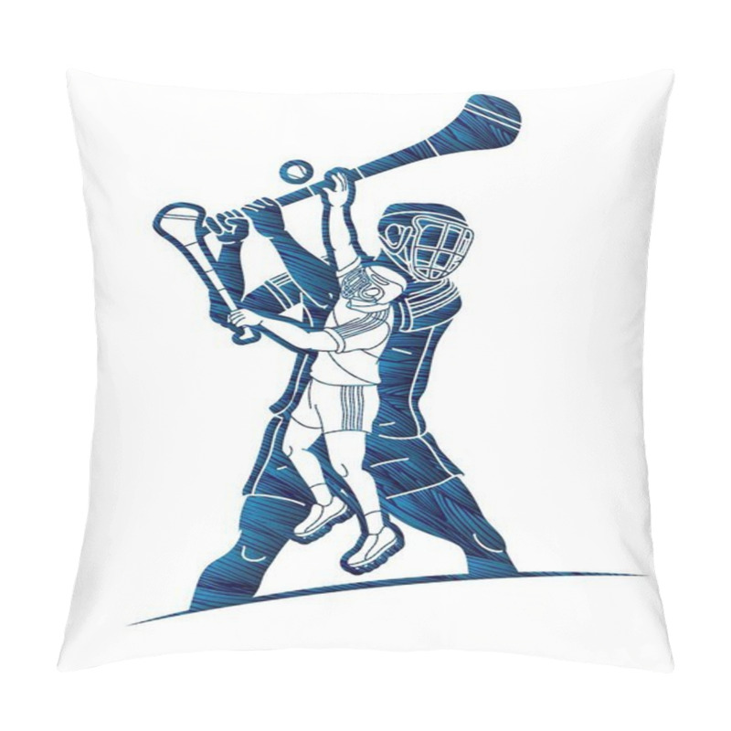 Personality  Group Of Hurling Sport Players Action. Irish Hurley Sport Cartoon Graphic Vector. Pillow Covers