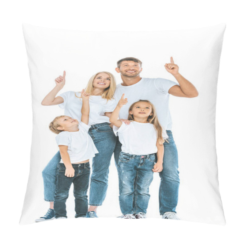 Personality  Happy Family Looking Up And Pointing With Fingers On White Pillow Covers