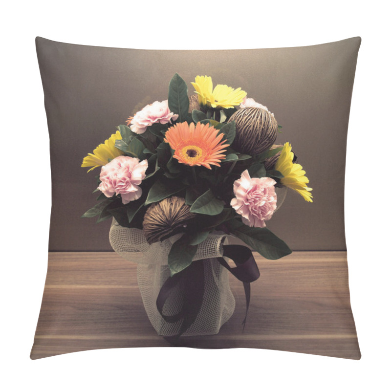 Personality  Beautiful Flower Bouquet On Wooden Table Pillow Covers