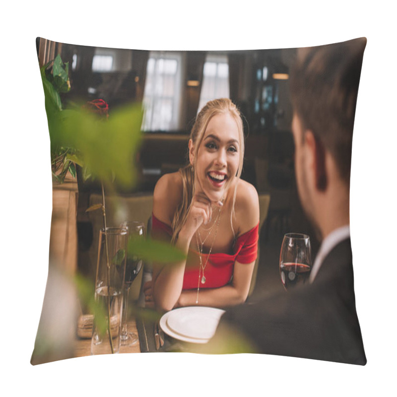 Personality  Selective Focus Of Cheerful Girl Looking At Man And Laughing In Restaurant  Pillow Covers