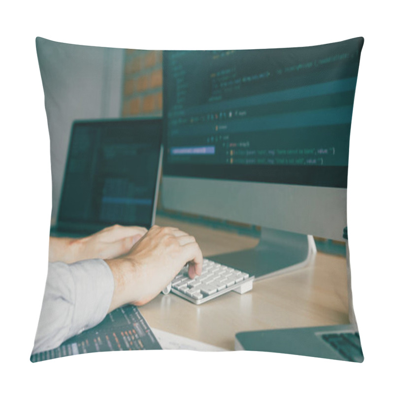 Personality  Close Up Of Hands Contemporary Website Developer Man Typing And Writing Code For Program Website. Pillow Covers