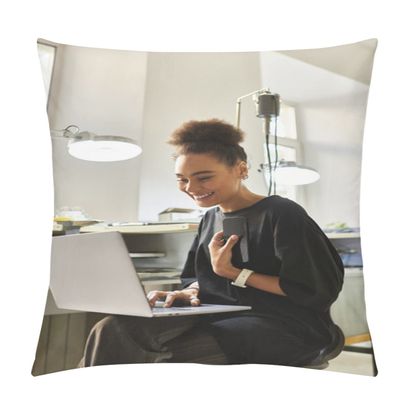 Personality  A Young Woman Smiles As She Engages In Jewelry Design, Surrounded By Tools And Materials. Pillow Covers