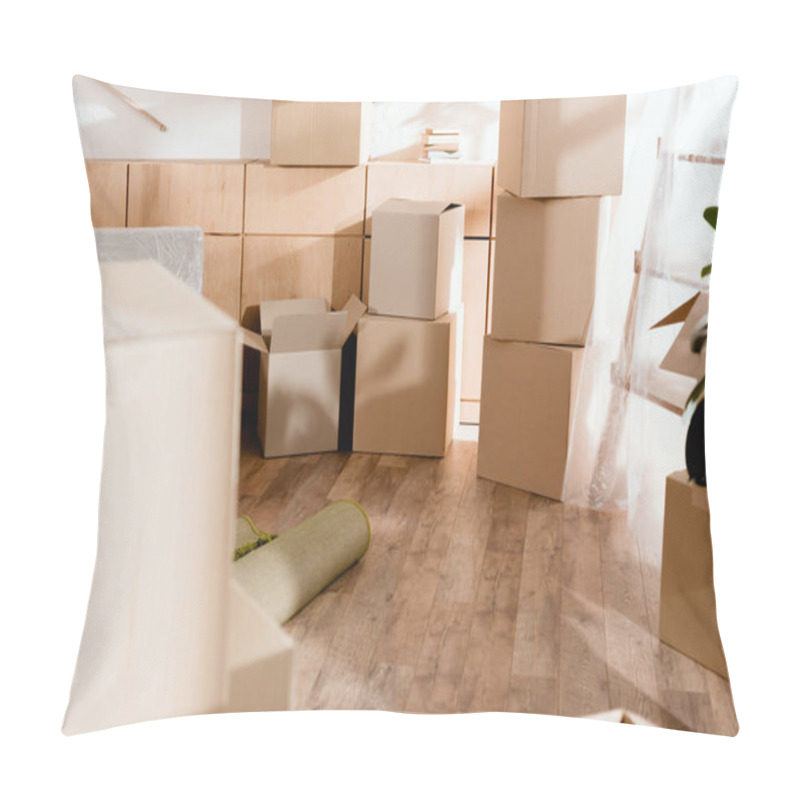 Personality  Rolled Carpet And Cardboard Boxes In New Apartment, Moving Concept Pillow Covers