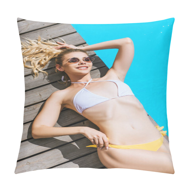 Personality  Top View Of Smiling Blonde Woman In Bikini And Sunglasses Resting Near Pool Pillow Covers